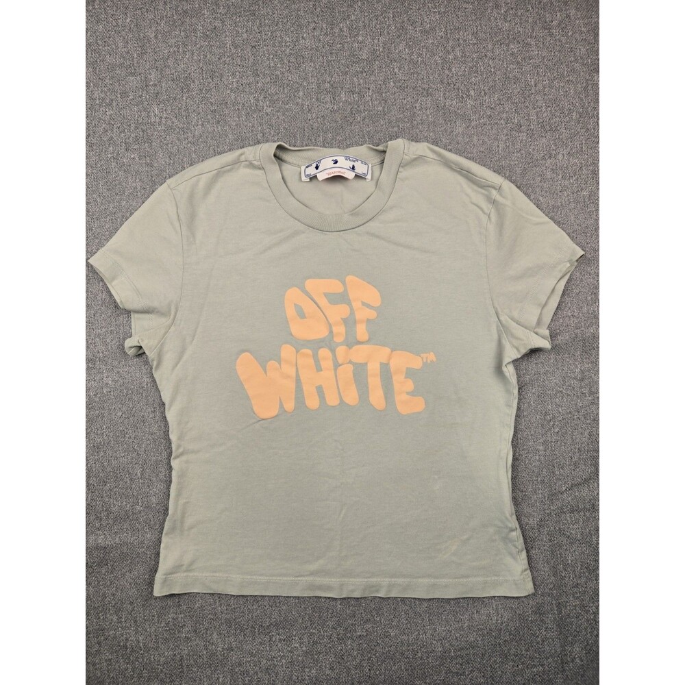 Off-White Womens Green Bubble Logo Tee Slim Fit Baby Tee‎ Cotton Size M Medium